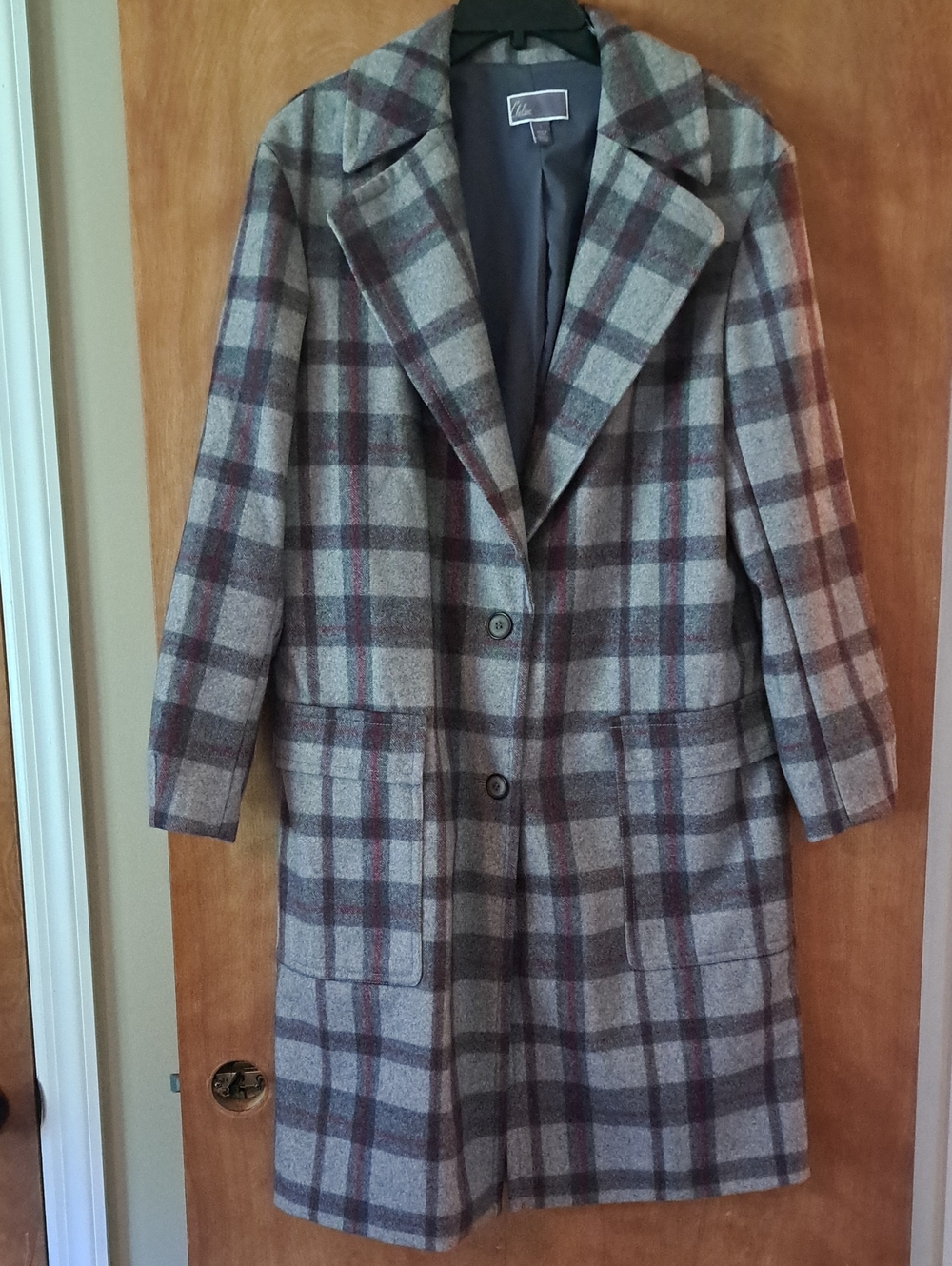 Chelsea28 Gray & Burgundy Plaid Long Pea Coat